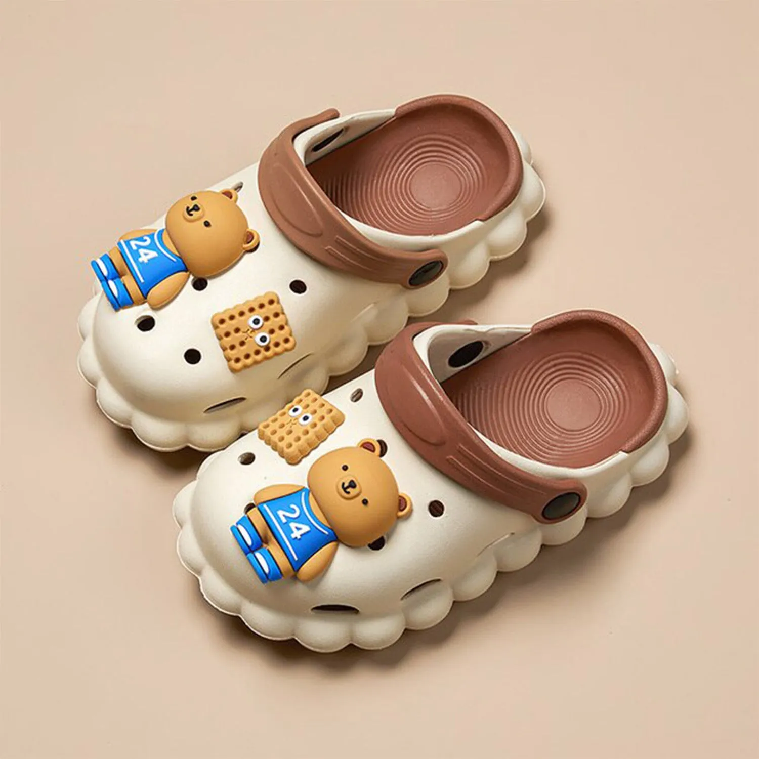 Baby Moo Sporty Bear Applique Waterproof Anti-Skid Sling Back Clogs - Cream