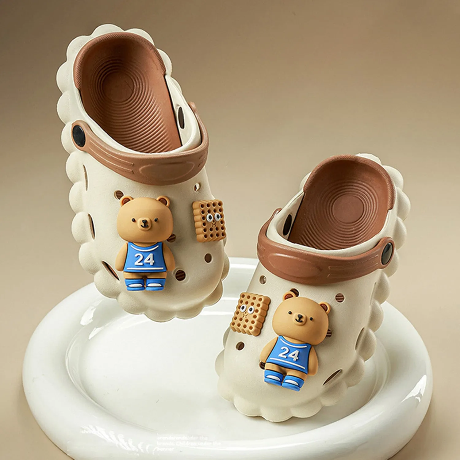 Baby Moo Sporty Bear Applique Waterproof Anti-Skid Sling Back Clogs - Cream