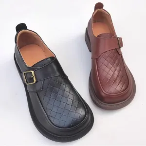 Big Toe Woven Grain Leather Loafers For Women with Buckle In Brown/Black