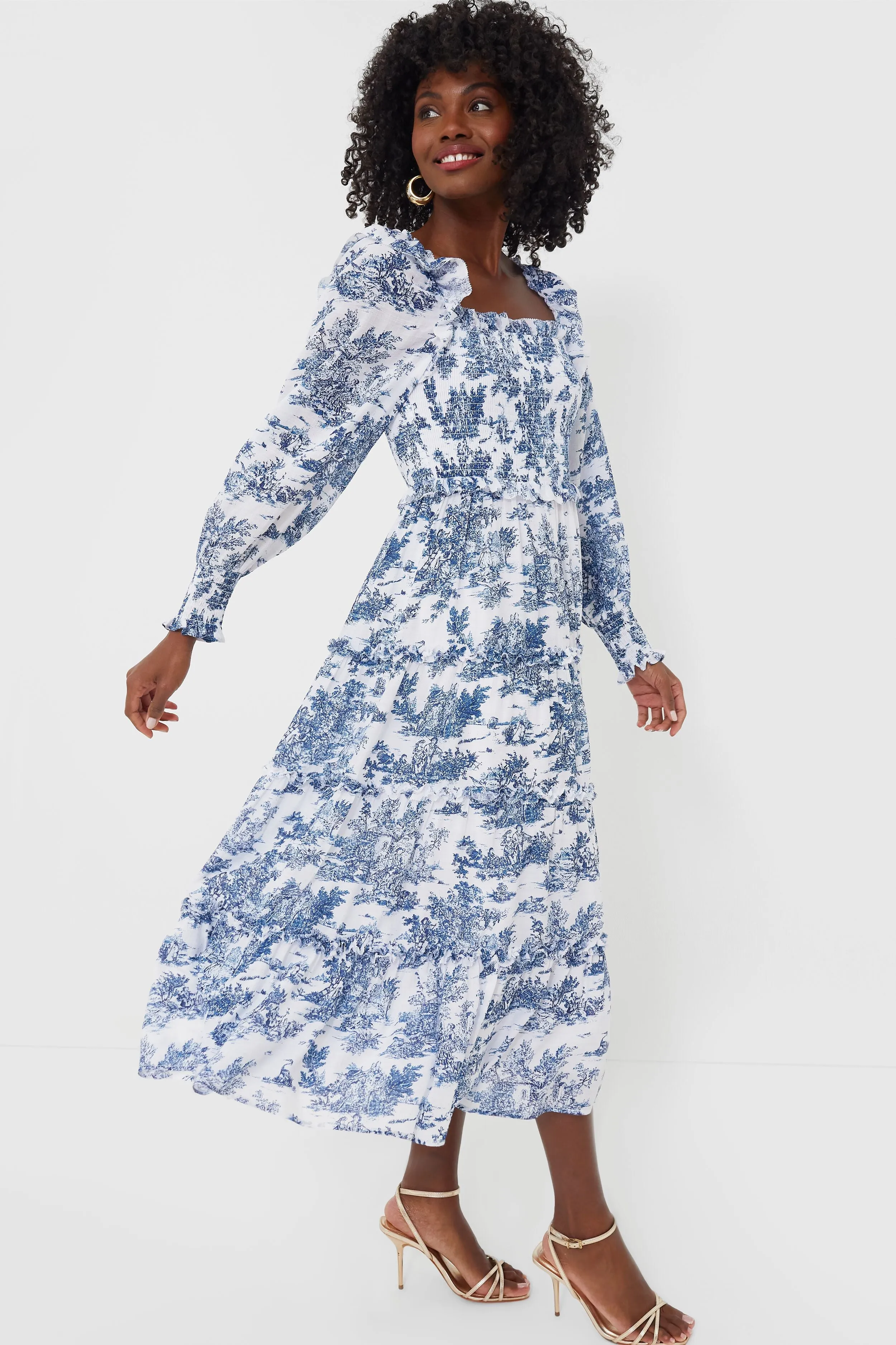 Blue Toile Long Sleeve Georgina Midi Dress