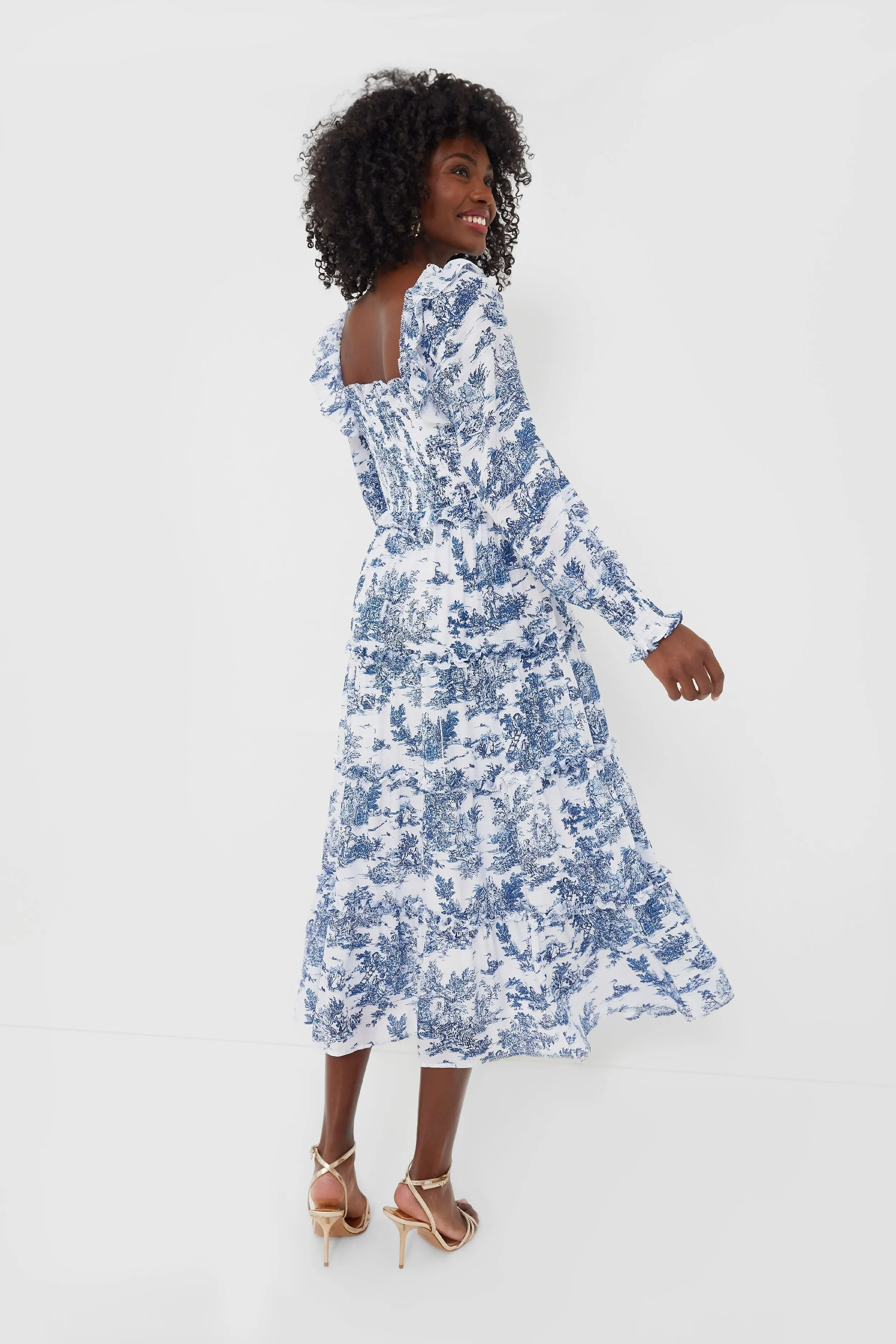 Blue Toile Long Sleeve Georgina Midi Dress