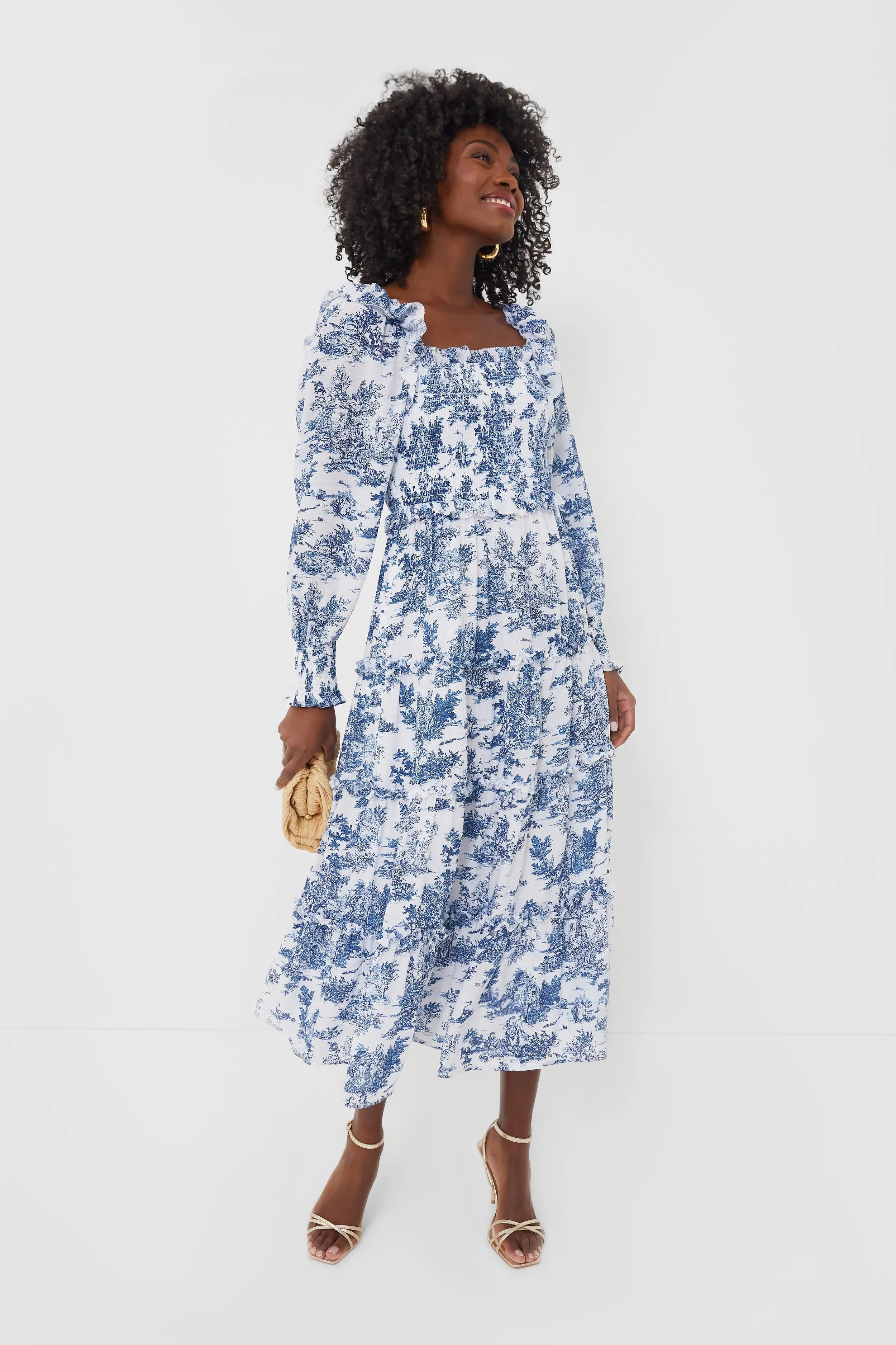 Blue Toile Long Sleeve Georgina Midi Dress