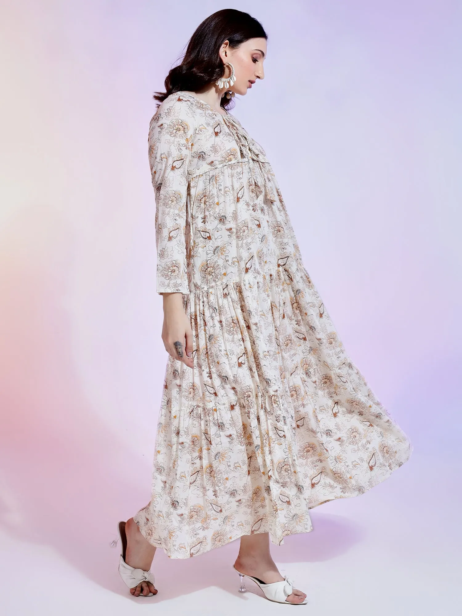 Boho Creamy Floral Maxi Dress with Tie Neck and Long Sleeves