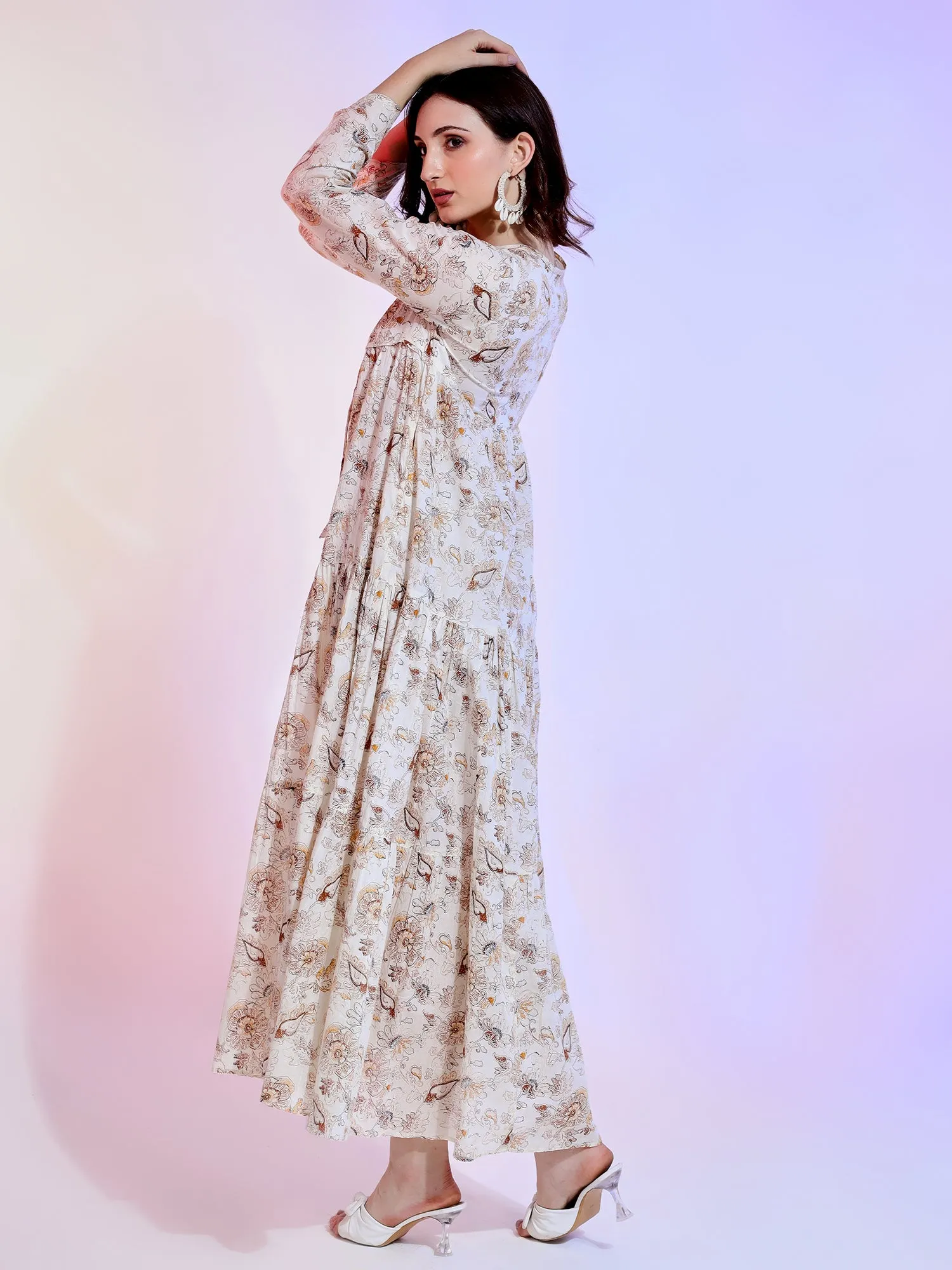 Boho Creamy Floral Maxi Dress with Tie Neck and Long Sleeves