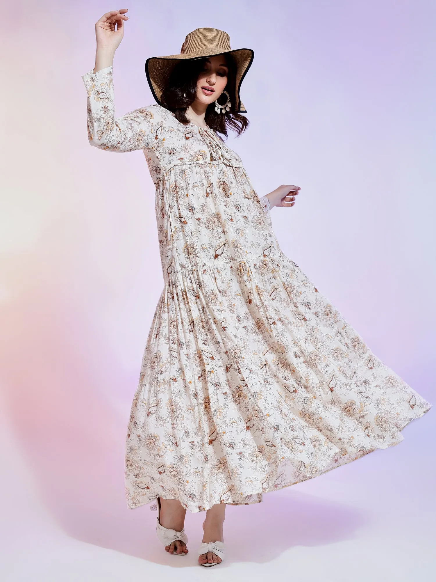 Boho Creamy Floral Maxi Dress with Tie Neck and Long Sleeves