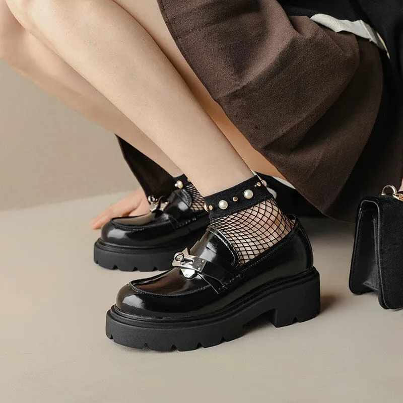 Chunky Loafers Women Smooth Genuine Leather Platform Shoes Round Toe Metal Chain Details