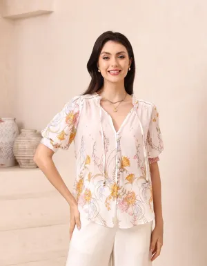 Cyrene Short Sleeve Button Front Blouse in White Floral