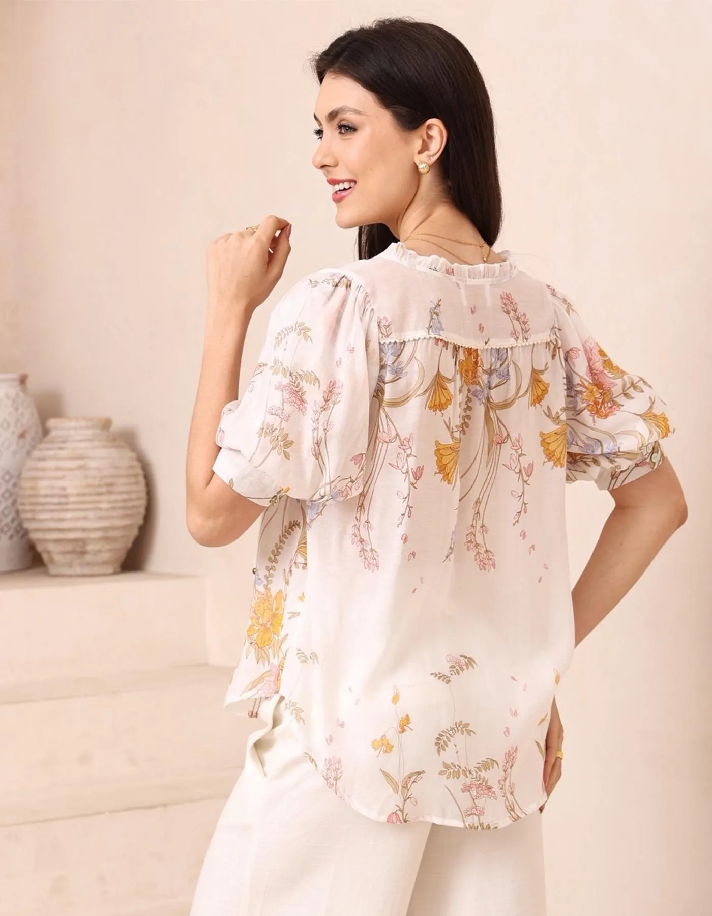 Cyrene Short Sleeve Button Front Blouse in White Floral