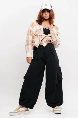 Denim Black Pleated Wide Balloon Pants