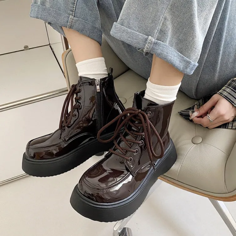 Fall Aesthetic Lacquered Lace Up Boots