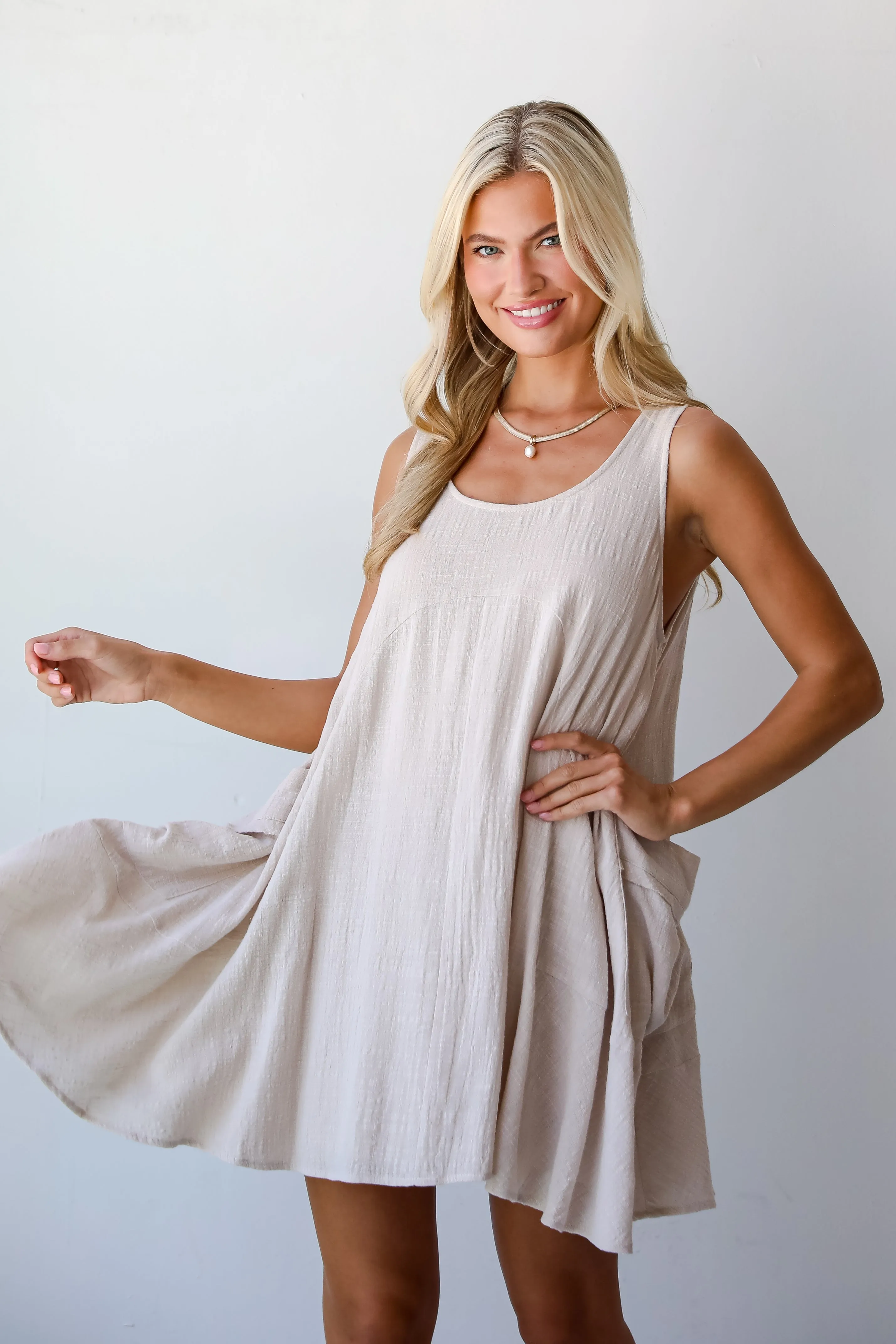 FINAL SALE - Bohemian Perfection Oatmeal Linen Mini Dress