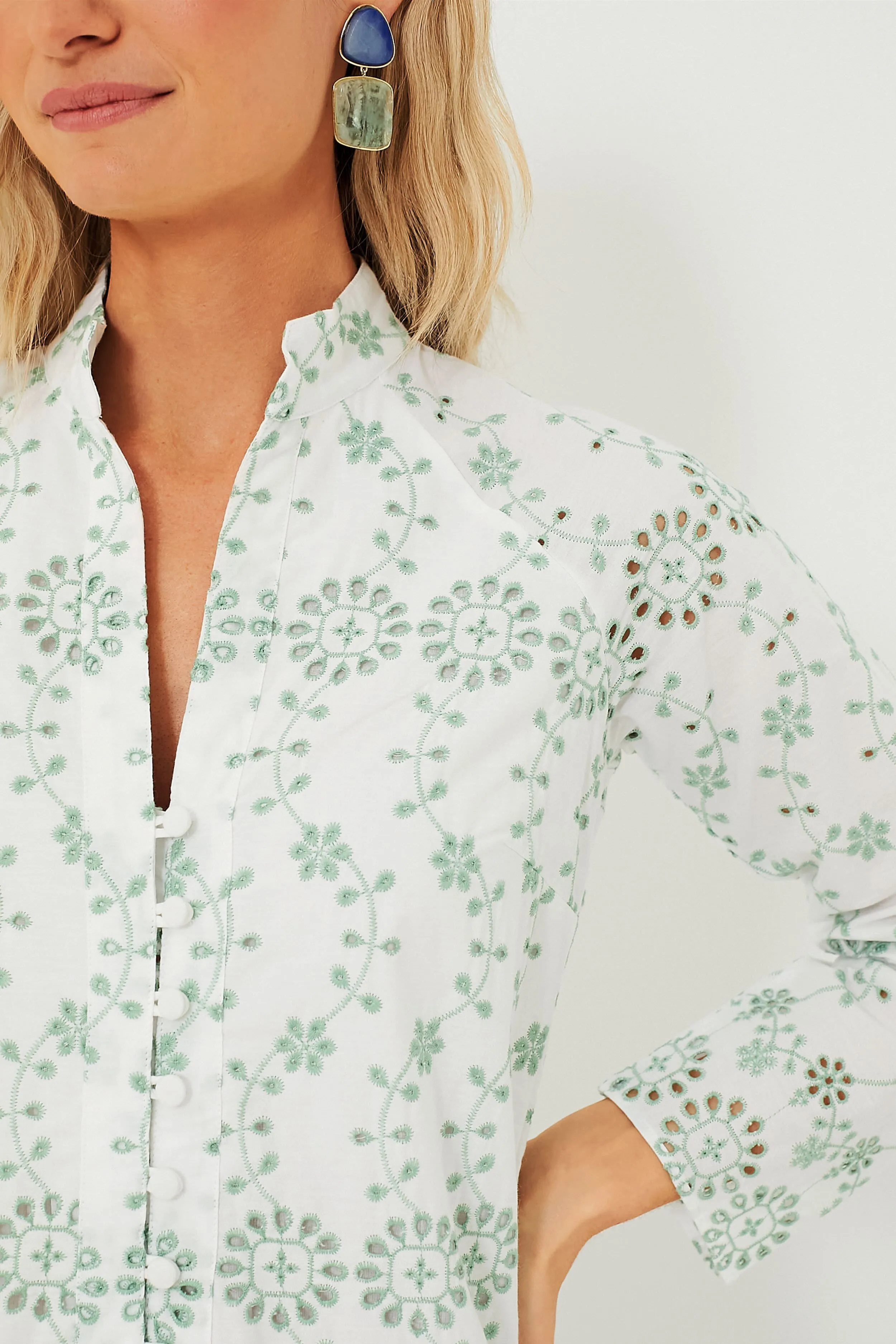 Gasparilla Green Eyelet Button Front Long Sleeve Caftan