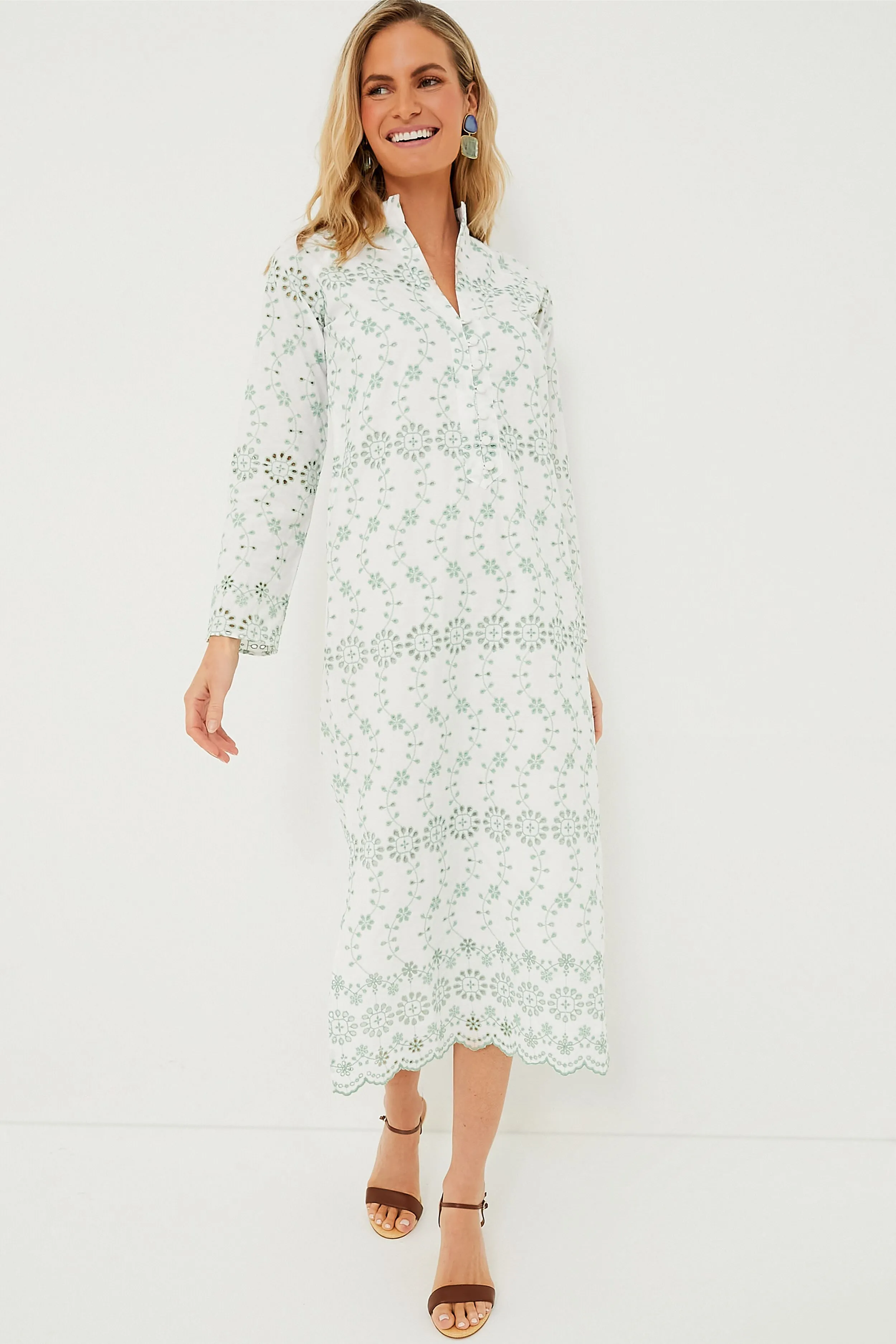 Gasparilla Green Eyelet Button Front Long Sleeve Caftan