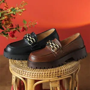 Horsebit-Detailed Handmade Leather Platform Loafers For Women In Black/Coffee