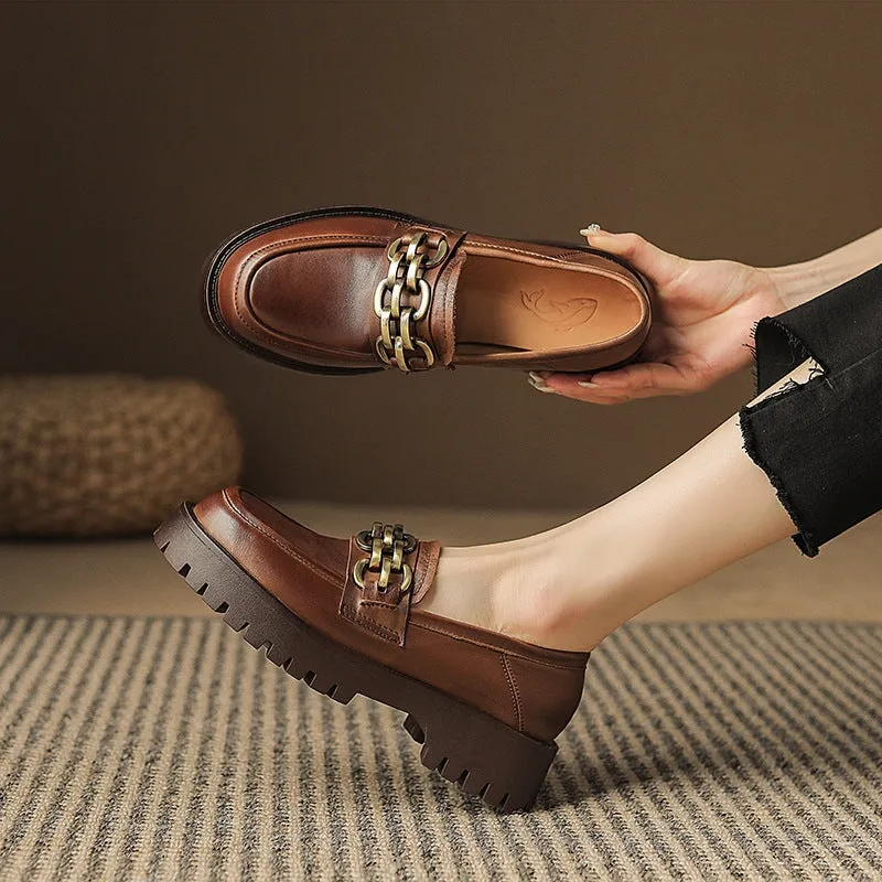 Horsebit-Detailed Handmade Leather Platform Loafers For Women In Black/Coffee