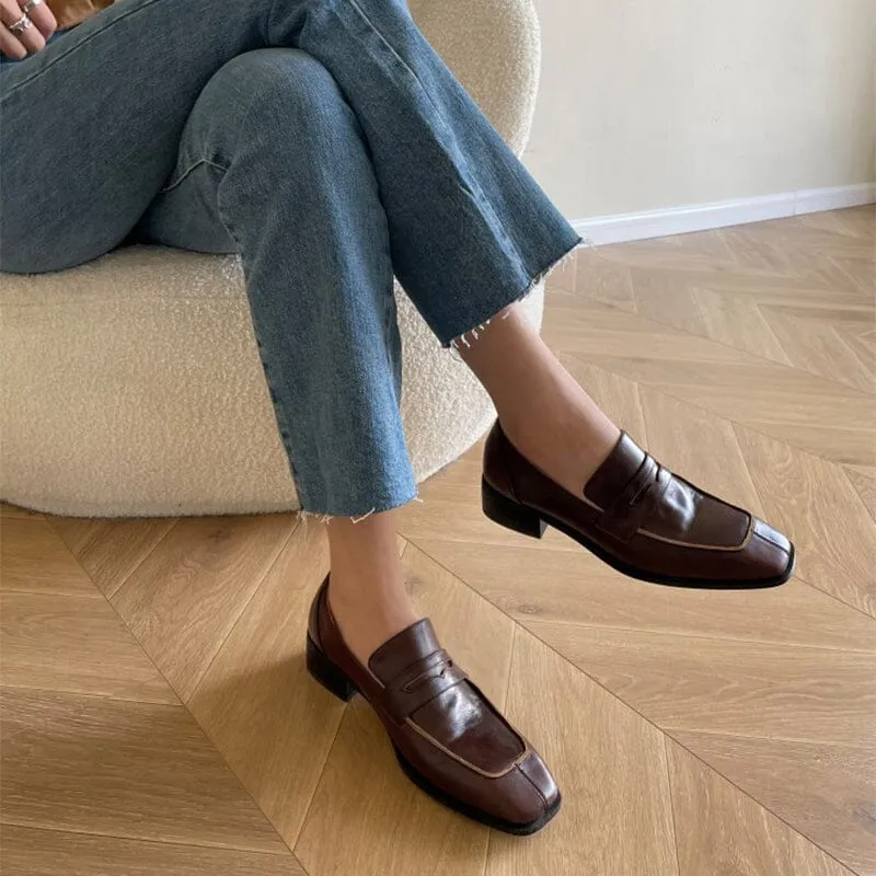 Leather Penny Loafers for Women Square Toe in Brown/Black