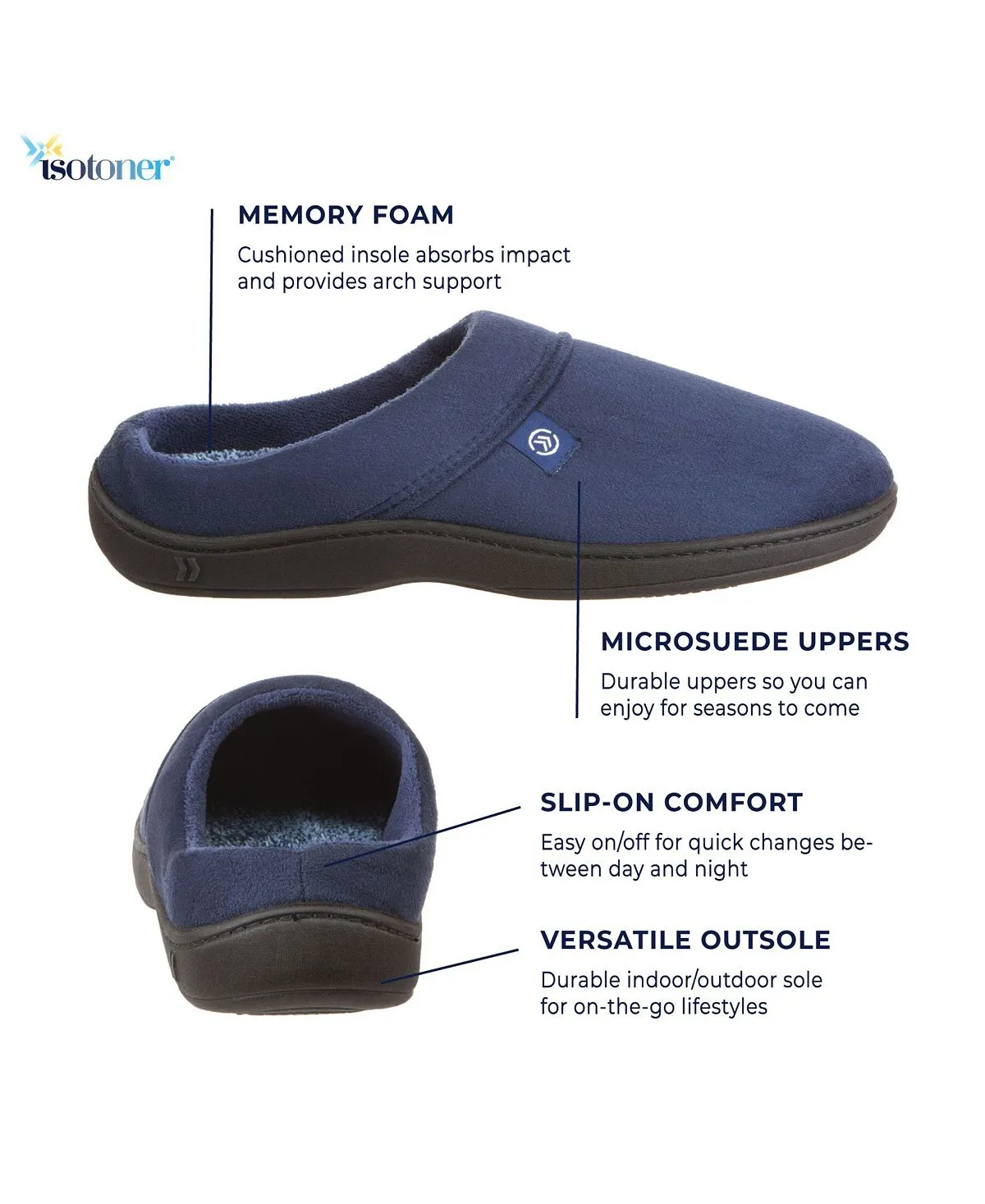 Men's Isotoner Signature Microterry Jared Hoodback Slippers with Memory Foam Totes, Navy Blue