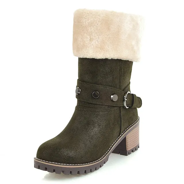 Rivets Warm Fur Cold Snow mid-calf  Square Heels Boots