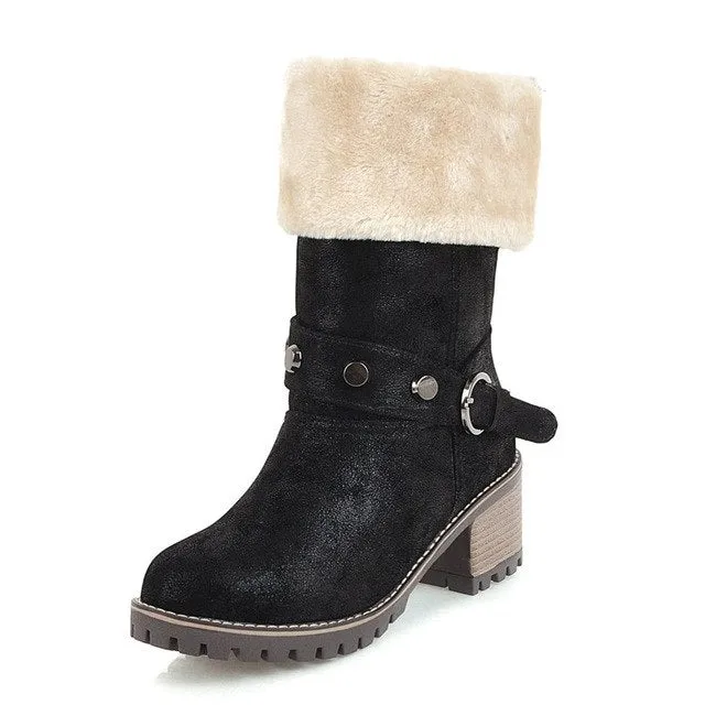 Rivets Warm Fur Cold Snow mid-calf  Square Heels Boots