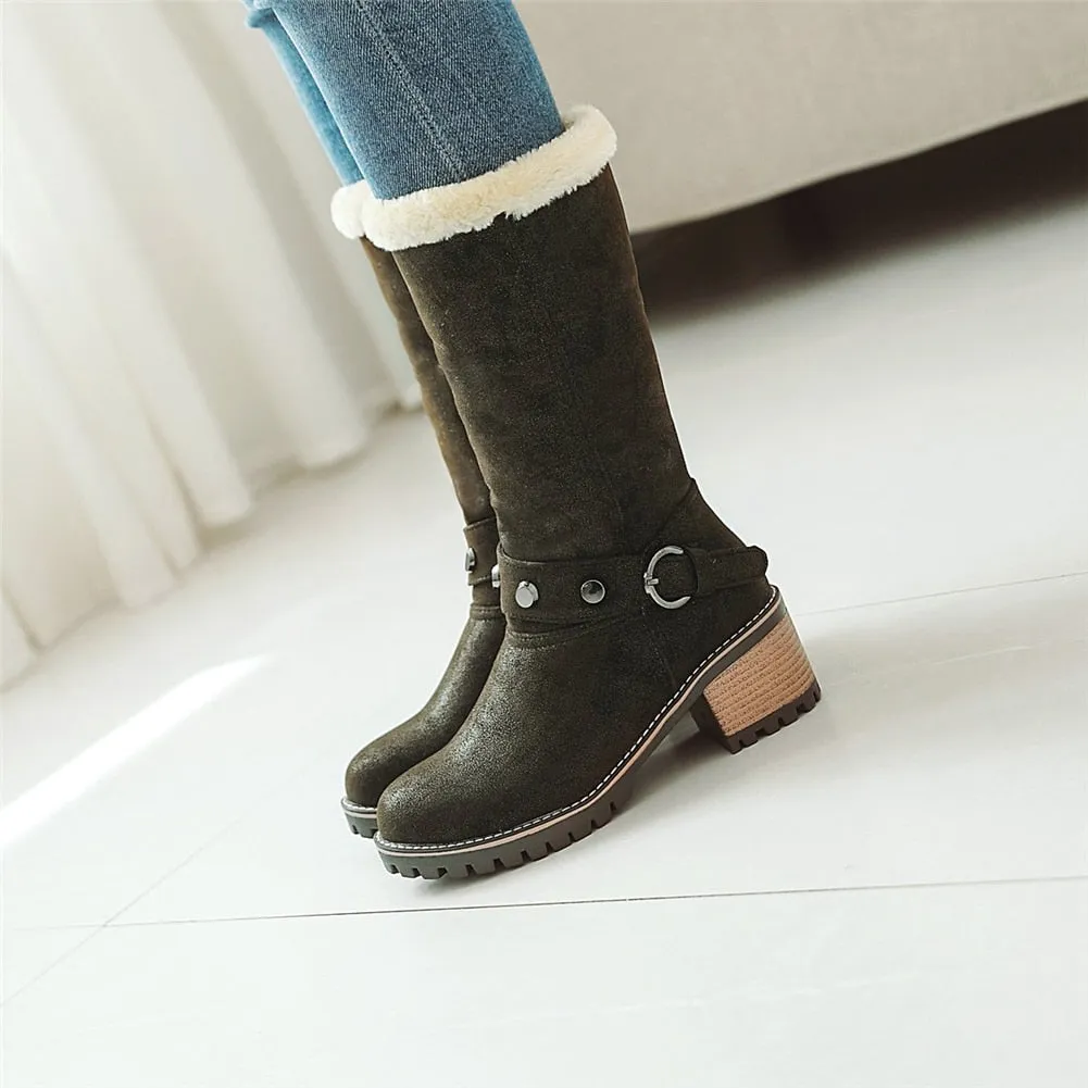 Rivets Warm Fur Cold Snow mid-calf  Square Heels Boots