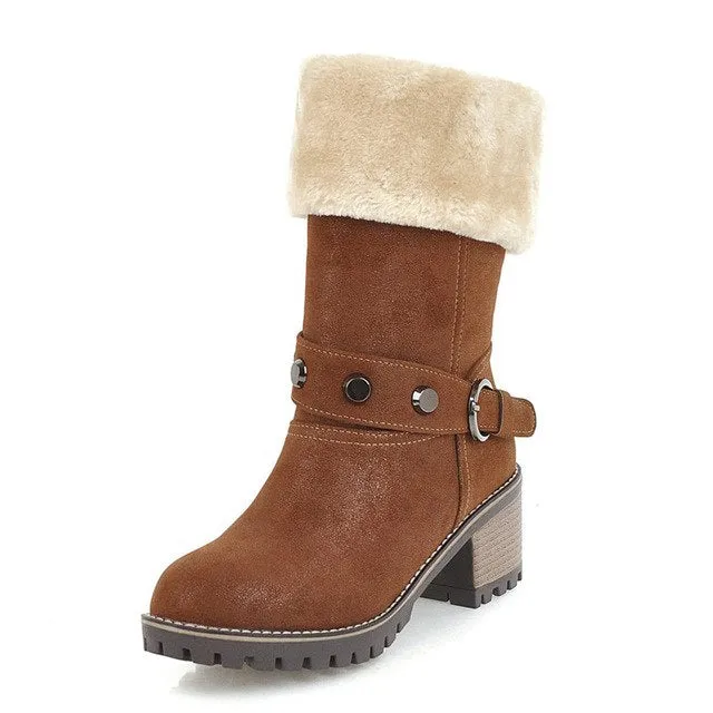 Rivets Warm Fur Cold Snow mid-calf  Square Heels Boots