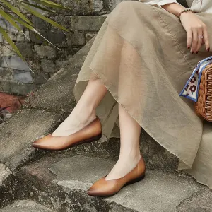 Soft Leather Point Toe Flat Shoes in Beige/Brown