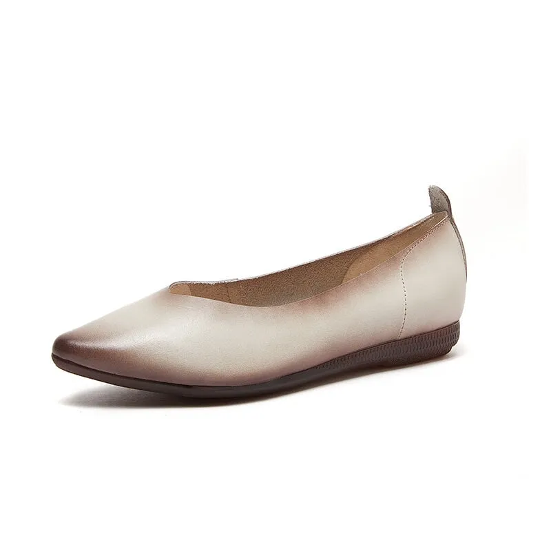 Soft Leather Point Toe Flat Shoes in Beige/Brown