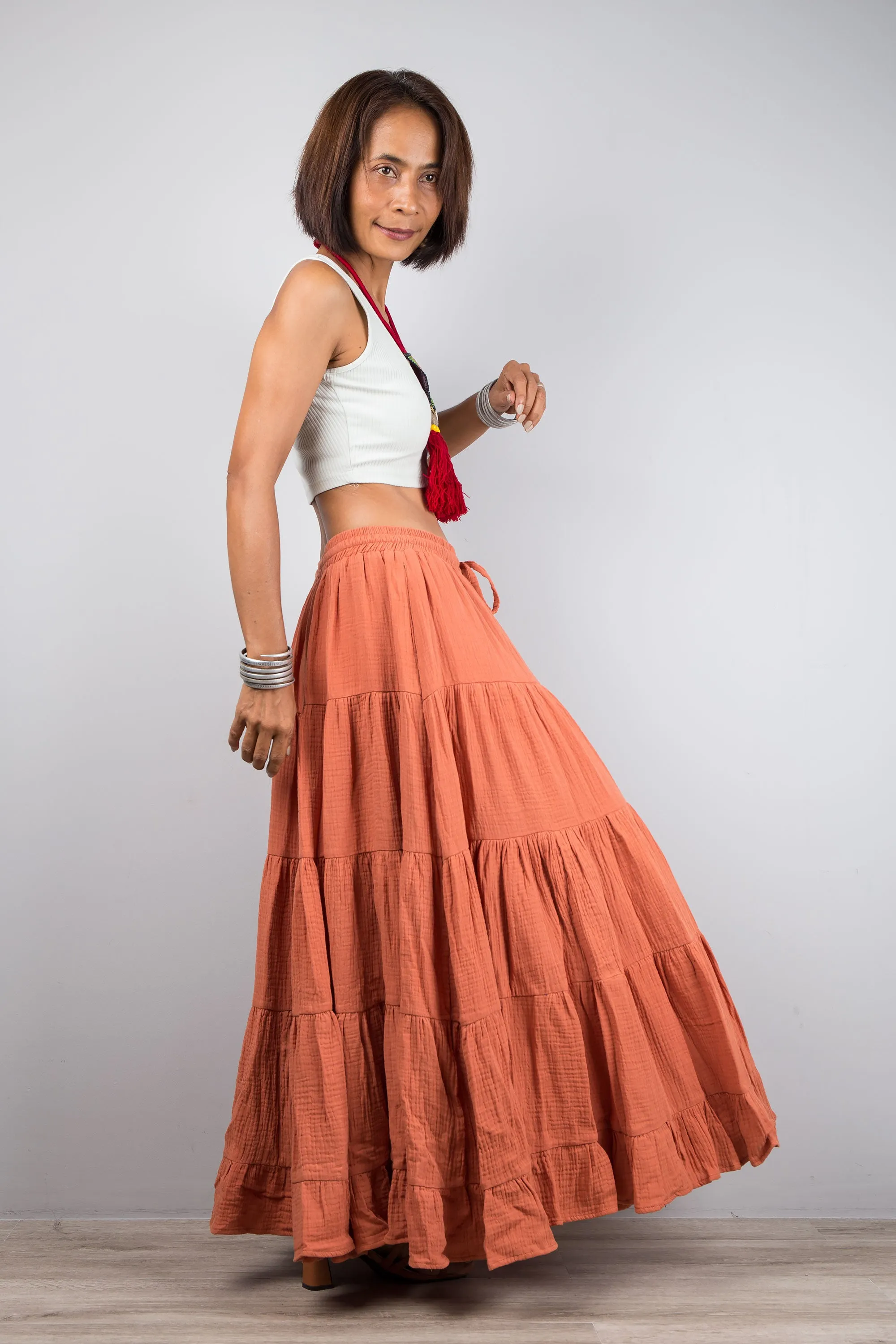 Tiered orange peasant maxi skirt