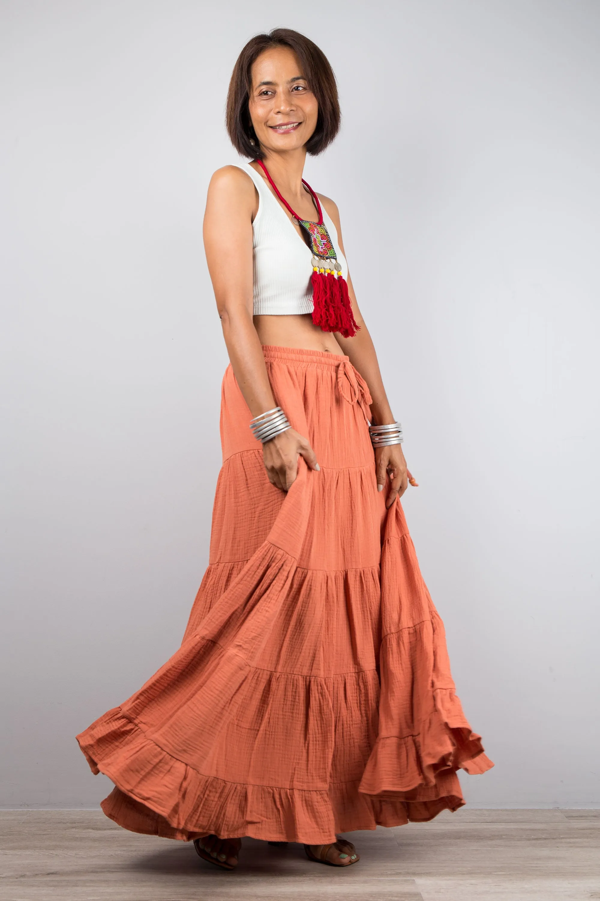 Tiered orange peasant maxi skirt